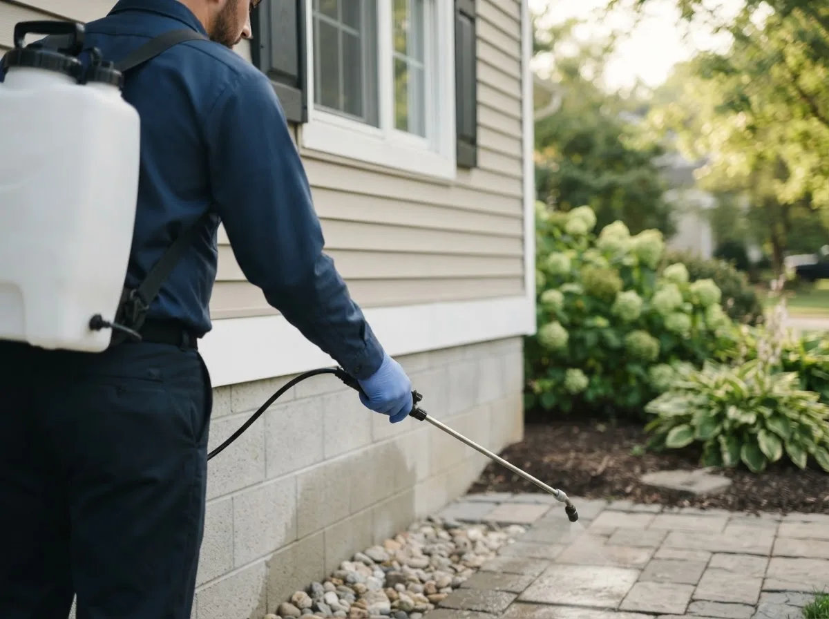 Pest control technician inspecting a home in Sargent, NE